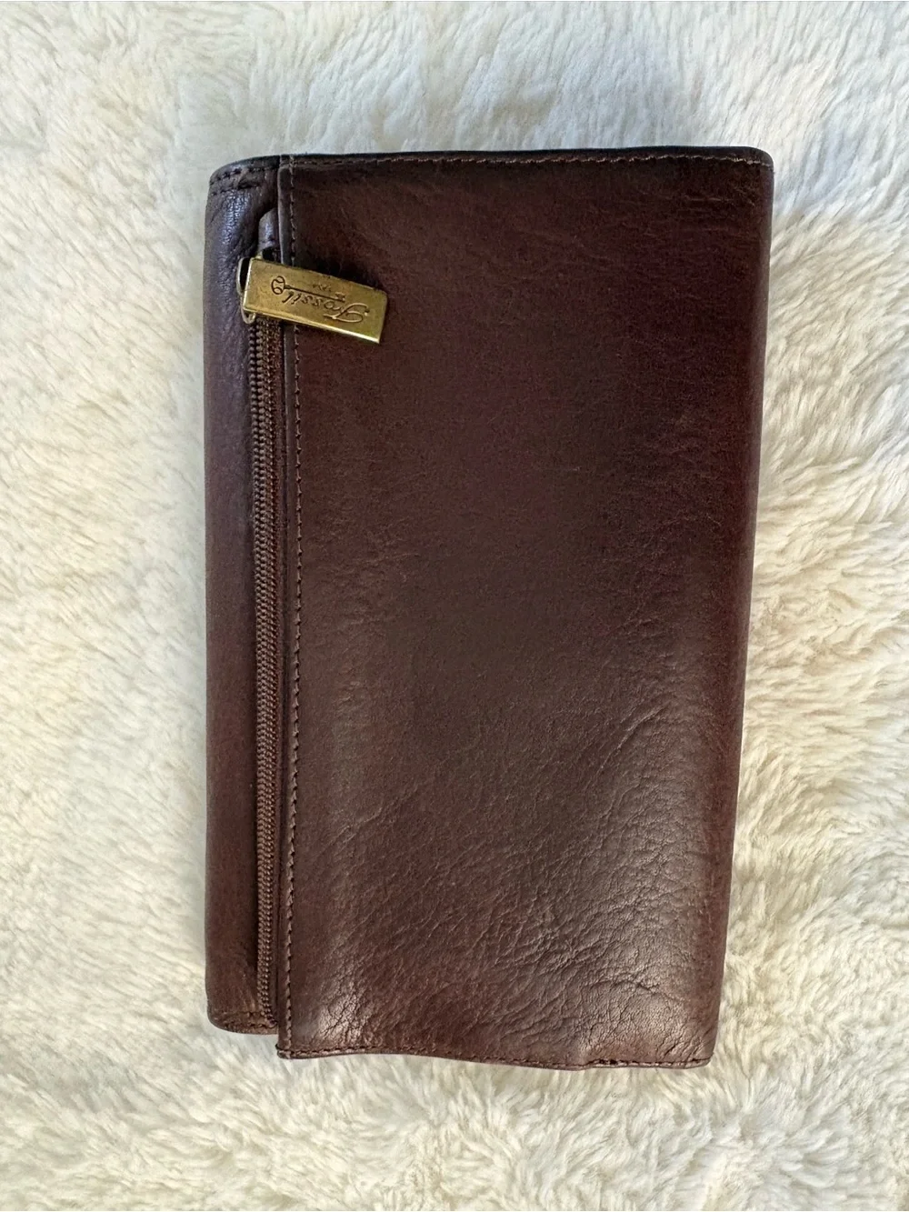 Fossil Brown Trifold Genuine Leather Clutch Wallet Checkbook Wallet